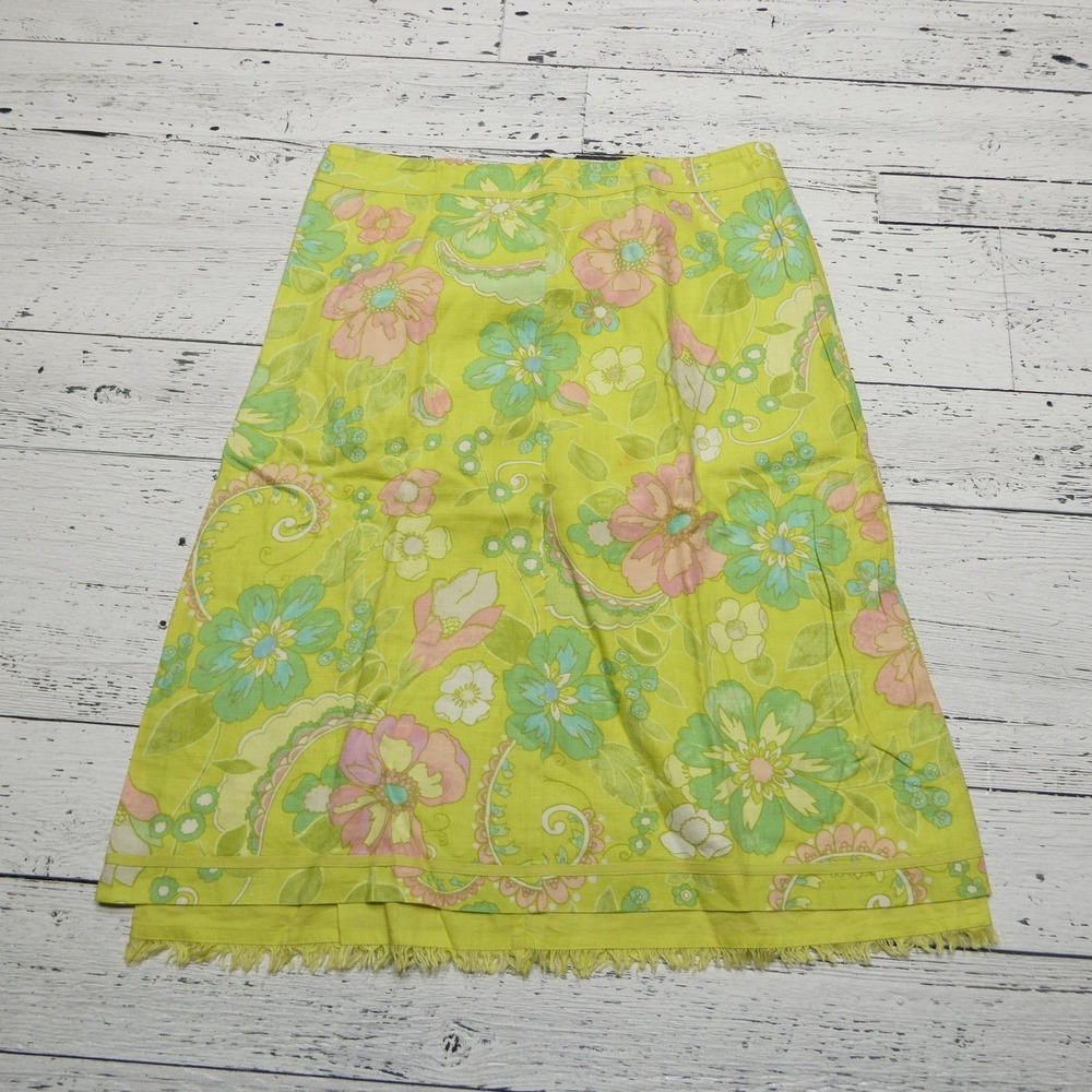 Sigrid Olsen Skirt Womens 4 Green Yellow Floral Linen Cotton Summer Boho Pockets